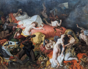 The Death of Sardanapalus" portrays a chaotic scene of despair and destruction. Rich in color and emotion, Delacroix's artwork depicts the historical moment of the Assyrian king's self-immolation and the impending doom of his empire
