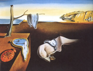The Persistence of Memory by Salvador Dalí, an iconic surrealist artwork featuring melting clocks draped over surreal landscapes, challenging perceptions of time and reality.