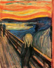Edvard Munch's iconic artwork, 'The Scream,' captures a tormented figure against a vivid, swirling sky. With its haunting expression and distorted features, the painting explores the depths of human emotion and existential angst, making it one of the most evocative artworks in art history.